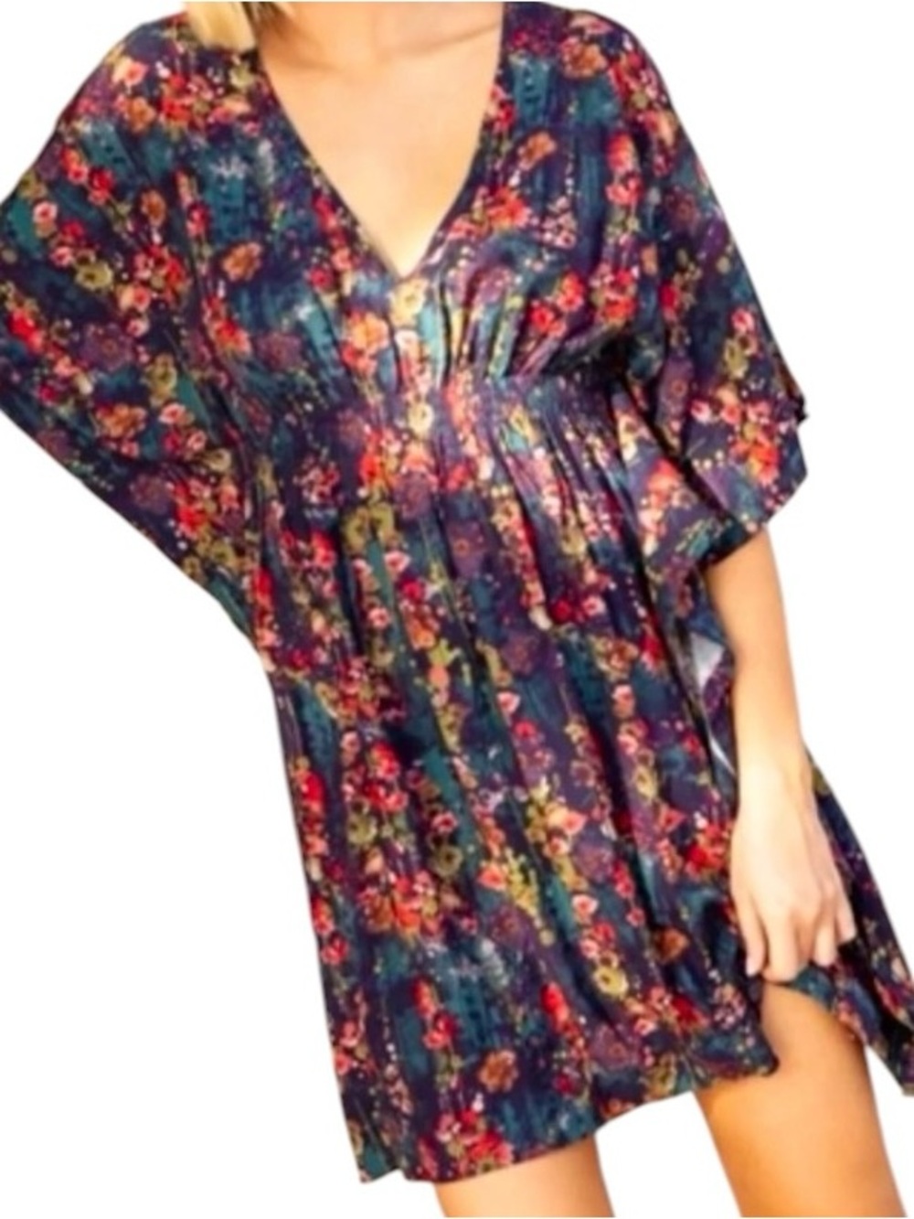 Natural Life Sanibel Kaftan M Indigo Watercolor Floral Print Oversized Boho